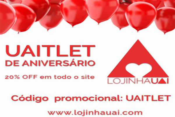 Balões vermelhos em comemoração a promoção de aniversário Lojinha Uai com o código promocional UAITLET que oferece 20% de desconto