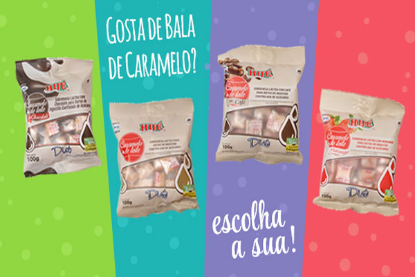 Quatro sabores de bala de caramelo diet para escolher. Eles são café, leite puro, morango e chocolate