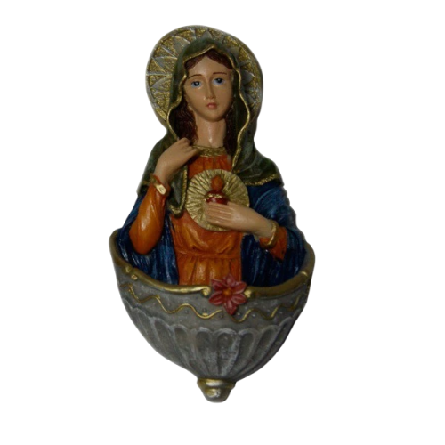 Pia de Água Benta Sagrado Coração de Maria - 15 cm - Base Cinza